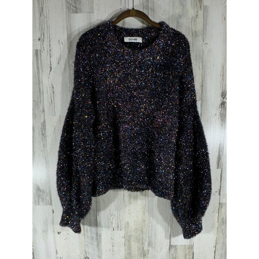 Do+Be Sweater Large Black Sparkle Multicolor Pullover Crewneck Sweater Holiday